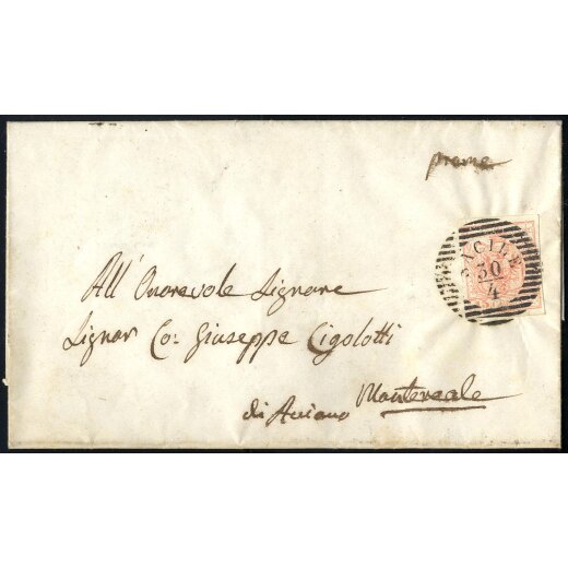 &quot;SACILE 30 / 4&quot;, annullo LO su 15 Cent. su lettera per Montereale di Aviano (S. 20)