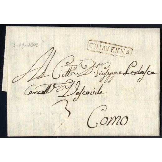 1803, lettera del 3.11. per Como, bollo a doppia cornice CHIAVENNA bruno, periodo francese, Voll. P 6