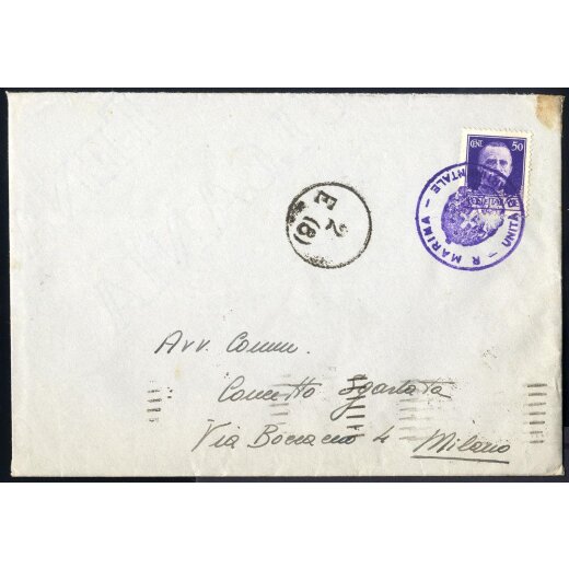 1942, lettera da Fiume per Milano affrancata con 50 c. Imperiale timbrato in violetto "R MARINA - Unita Dipartimentale"