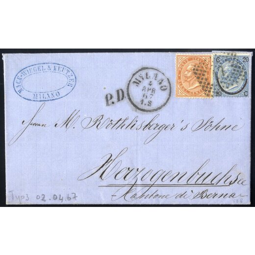 1867, lettera da Milano il 4.4. per Herzogenbuchsee (Svizzera) affrancata con 10 c. Vitt. Em. II e 20 c. "ferro di cavallo", Sass. 17,24