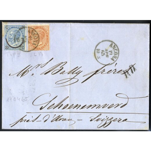 1865, lettera da Ancona il 19.4. per Schoenenwerd (Svizzera) affrancata con 10 c. Vitt. Em. II e 20 c. &quot;ferro di cavallo&quot;, Sass. 17,24