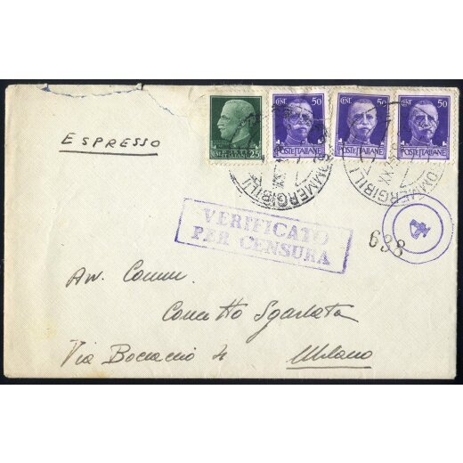 1942, lettera espresso affrancata per 1,75 Lire timbrati "4° Gruppo Sommergibili" 28.6., verificato per censura, un francobollo rotto nell´apertura, Sass. 248,251