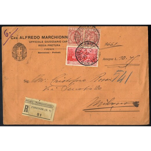 1930, lettera raccomandata affrancata per 1,70 Lire da Firenze il 17.10. per Milano, mancano 5 c. di tariffa, Sass. 201,276