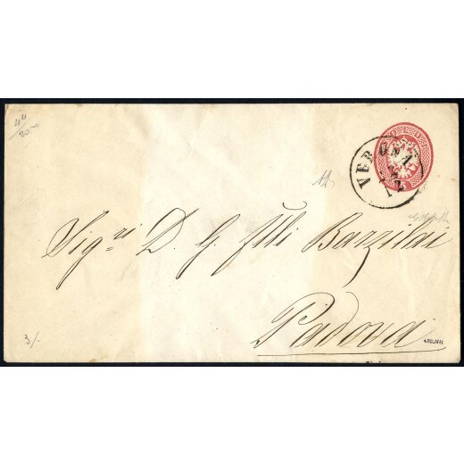 1863, Intero postale 5 Soldi rosso, con filigrana, da Verona 22.12. per Padova, firm. Bolaffi e A. Diena (S. I.P. 23)