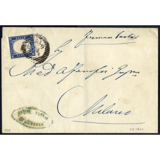 1860, lettera del 6.3.1860 da Bozzolo (CR) per Milano, affrancata con IV. em. 20 c. azzurro scurissimo, ottimi margini, annullo "BOZZOLO, 6/3", a mano "fermo posta" (Sass. 15C).