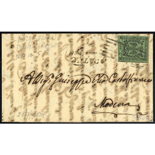 1857, lettera del 21.7.1857 da Reggio per Modena, affrancata con 5 c. verde oliva con punto, ampi margini, nitido annullo a sbarre (Sass. 8).