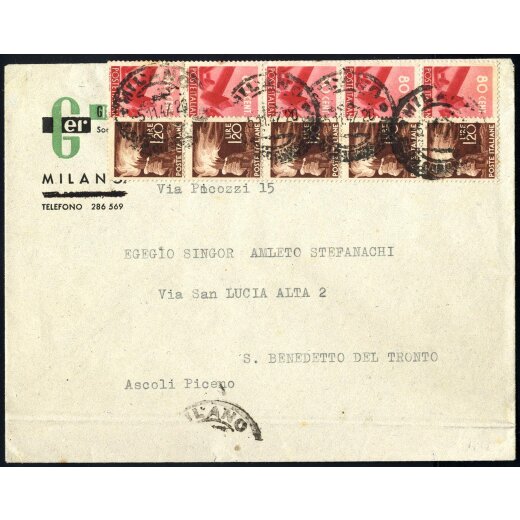 1947, lettera da Milano il 5.11.47 per San Benedetto del Tronto affrancata per 10 L. con striscia di 5 del 80 c. ed 1,2 L. Democratica