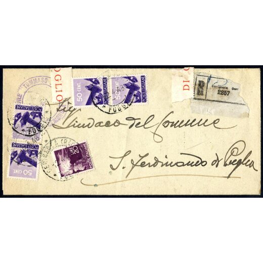 1948, documento di ricovero raccomandato da Cerignola il 12.4.48 per S. Ferdinando di Puglia affrancata per 22 L.