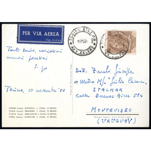 1956, cartolina illustrata aerea da Torino il 10.11.56 per Montevideo (Uruguay) affrancata con 100 L. Siracusana