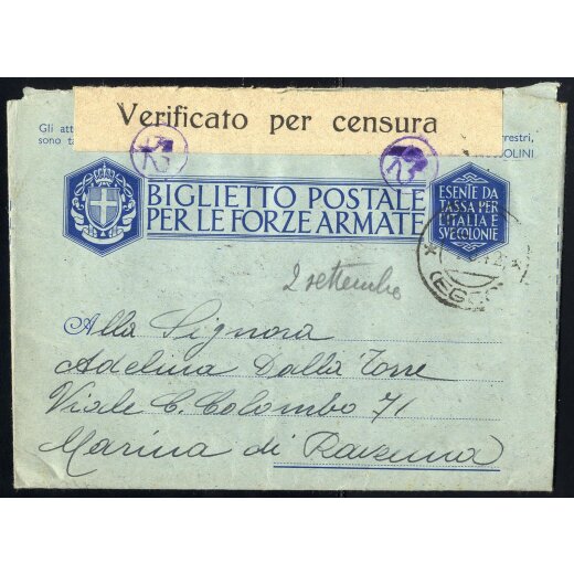 1942, Biglietto postale per le forze armate del 2.9.1942 da Rodi per Marina di Ravenna, etichetta di censura, timbri di censura e di arrivo al verso.