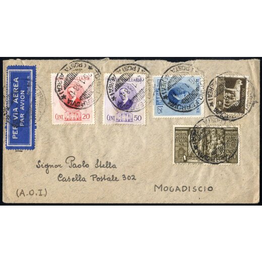 1938, lettera aerea da Torino il 26.1.38 per Mogadiscio affrancata per 2,50 L.