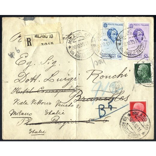 1935, lettera raccomandata da Milano il 30.10.35 per Bruxelles (Belgio) affrancata per 2,75 L. ritornata a Milano