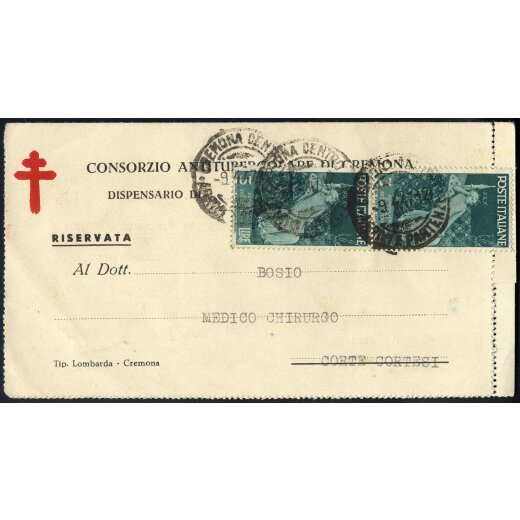 1947, biglietto del "Consorzio antituberculare di Cremona" il 9.4.47 per Corte Cortesi affrancata con coppia verticale 3 L. Avvento, Sass. 568