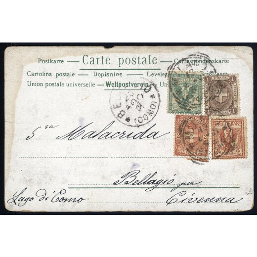 1901, cartolina postale del 20.8.1901 con affrancatura due Re: 1 c.+ 2 c. Stemma di Savoia + Floreale 2 c.+ 5 c., cartolina macchiata al margine sinistro e in alto.