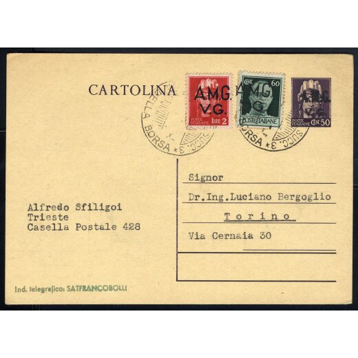 1947, cartolina postale c. 50 con affrancatura complementare 60 c. + 2 L. con soprastampa "A.M.G. / V.G." del 5.3.1947 da Trieste per Torino.