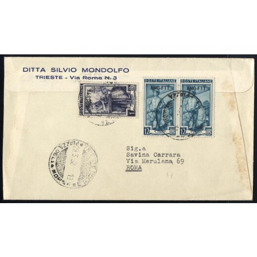1951/52, due lettere: una da Trieste per Roma con Italia al Lavoro 1 L. + 2 x 12 L., laltra da Trieste per Verona (espresso) con Lavoro 5 + 20 + 50 L.