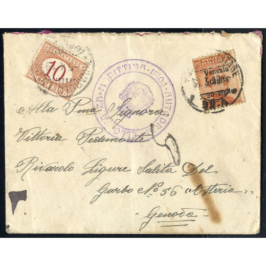 1919, lettera del 31.3.1919 da Pola per Genova, affrancata con 20 H. su 20 cent., timbro violetto &quot;AUTODRAPELLO PIAZZA MARITTIMA POLA&quot;, tassata allarrivo con 10 c. (Sass. 31 / 50,-).