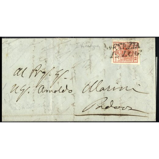 1850, &quot;Prima tiratura&quot;, 15 Cent. rosso su lettera da Venezia 12.7.1850 per Padova (S. 3a)