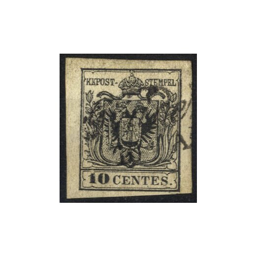 1854, 10 Cent. nero, carta a macchina, cert. Goller (Sass. 19)