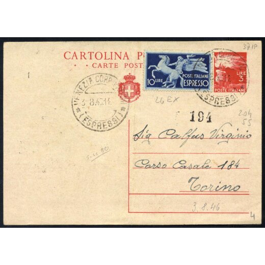 1946-47, I Periodo Tariffario, cartolina postale da 3 l. espresso con affrancatura aggiunta di 10 l. espresso da Venezia il 3.8.46 per Torino, Sass. E26