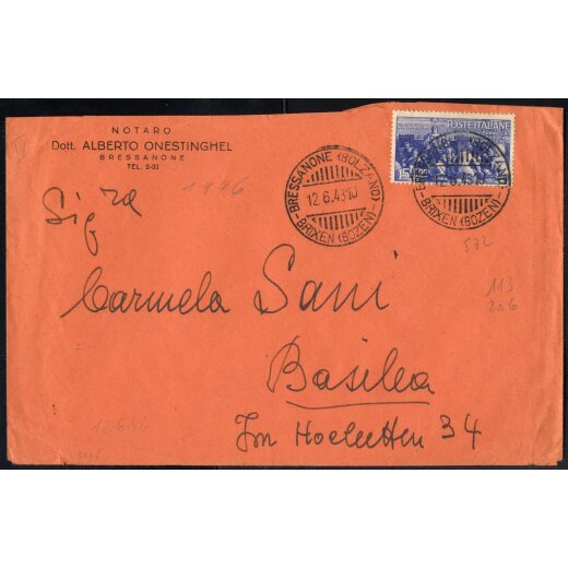 1947-48, III Periodo Tariffario, lettera affrancata con 15 l. Avvento da Bressanone il 12.6.48 per Basilea (Svizzera), Sass. 572