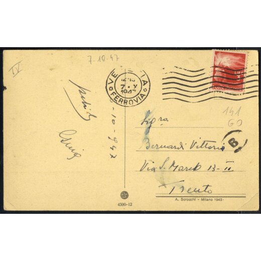 1947-48, III Periodo Tariffario, cartolina illustrata data e firma affrancata con 3 Lire da Venezia il 7.10.47 per Trento, Sass. 553