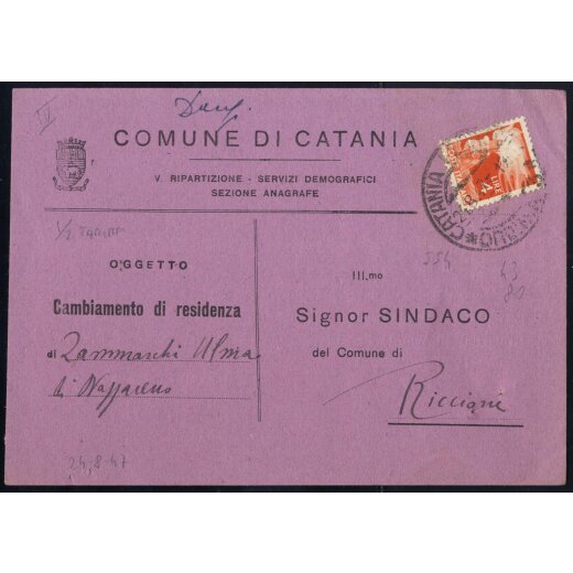 1947-48, III Periodo Tariffario, due cartoline fra sindaci (porto dimezzato) affrancate per 4 Lire, una da Catania il 24.8.47 per Riccione e l&acute;altra con coppia 2 l. da Lecco il 24.8.47 per Valmadrera, Sass. 552,554