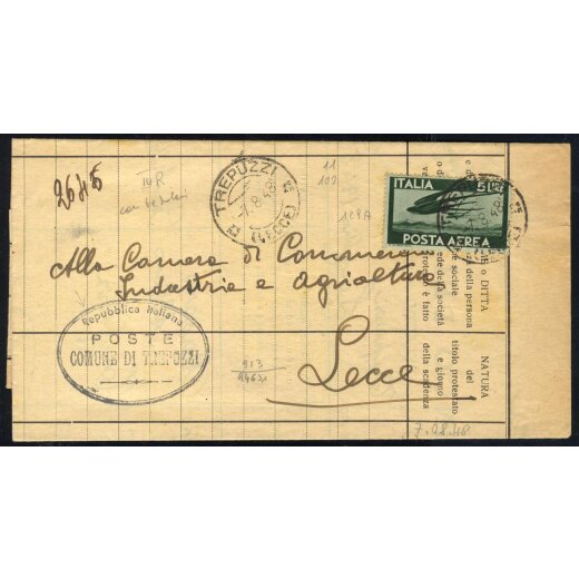 1947-48, III Periodo Tariffario, lettera fra sindaci (porto dimezzato) affrancata con 5 Lire, da Trepuzzi il 7.8.48 per Lecce, Sass. A129