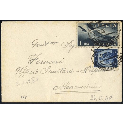 1948-49, IV Periodo Tariffario, biglietto da visita, affrancata per 6 Lire da il 27.12.48 per Alessandria, Sass. 555,A126
