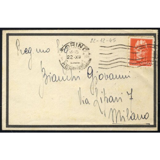 1945, 60 Cent arancio isolato su lettera per partecipazioni da Torino 22.12.1945 per Milano (Sass. 539)