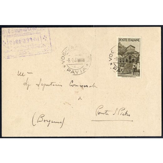 1946, Avvento, 1 Lira su cartolina da Voghera 8.2.1947 per Ponte S. Pietro (Sass. 566)