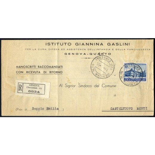 1954, Patti Lateranensi, 60 Lire su manoscritti raccomandati R. R. da Genova 11.6.1954 per Castelnuovo Monti (Sass. 734)