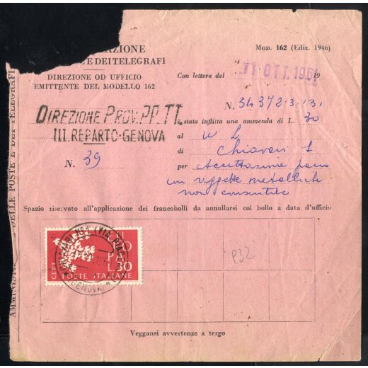 1961, Europa, 30 Lire su MOD. 162 (ammenda) da Genova 17.10.1961 (Sass. 932)