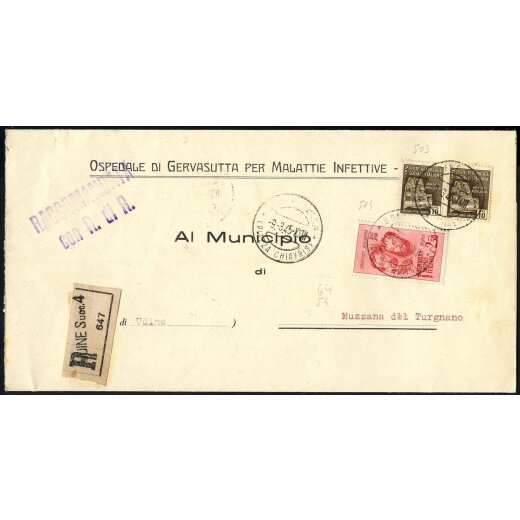1945, stampa raccomandata da Udine il 9.3. per Muzzana del Turgnano affrancata per 2,70 l. con Sass. 503(2),514