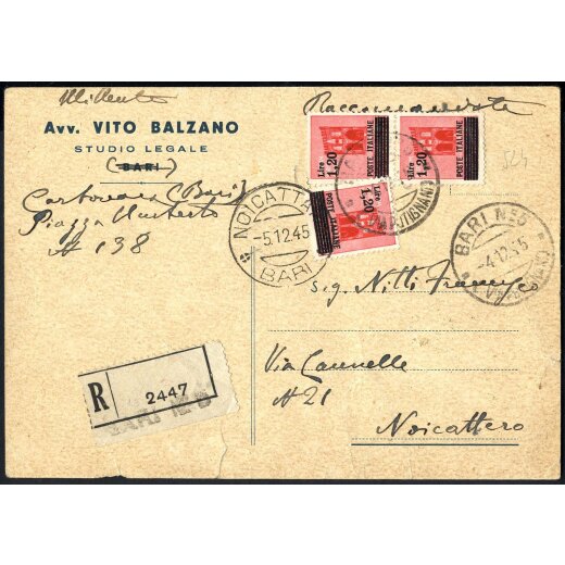 1945, cartolina raccomandata da Bari il 4.12. per Noicattero affrancata per 3,6 l. con Sass. 524(3)