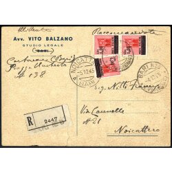 1945, cartolina raccomandata da Bari il 4.12. per...
