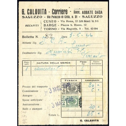 1946, bolletta di trasporto del 3.5. affrancata con parte sinistra di Sass. PP55,57