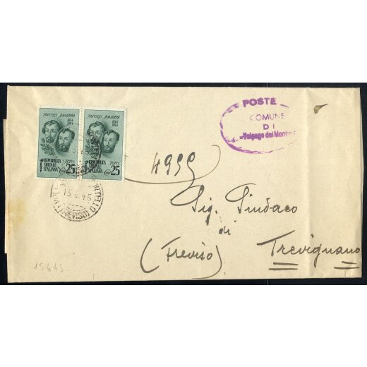 1945, Fratelli Bandiera, 25 Cent., coppia su lettera da Volpago del Montello 15.6.1945 per Trevignano (Sass. 512)