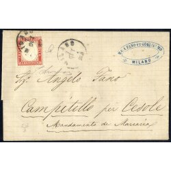 1862, 40 Cent. rosso carminio su lettera da Milano...