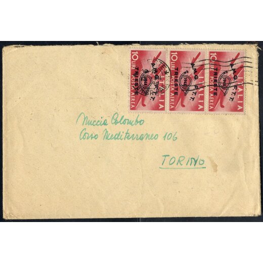 1946, lettera da Trieste per Torino affrancata con striscia di tre 10 l. aereo del convegno filatelico, Sass. A17