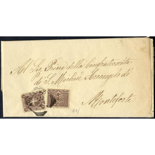 1901, lettera aperta da Avellino il 12.9. per Monteforte affrancata con valori gemelli 1 c. Stemma di Savoia e Floreale, Sass. 65,68
