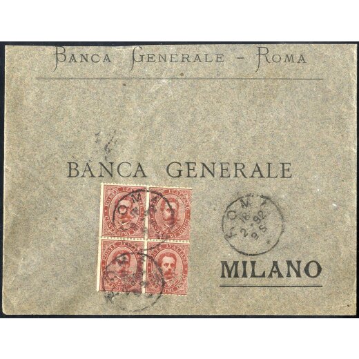 1892, lettera da Roma il 16.2. per Milano affrancata con quartina del 10 c. Umberto I.con perfin B.C., Sass. 38 /600++