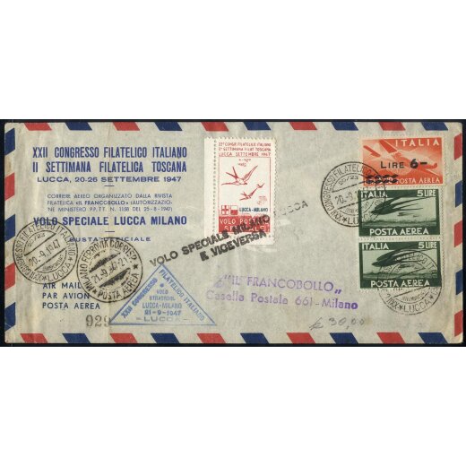 1947, Volo speciale Milano-Lucca, lettera affrancata per 16 Lire con vignetta del volo di ritorno, Pellegrini 149