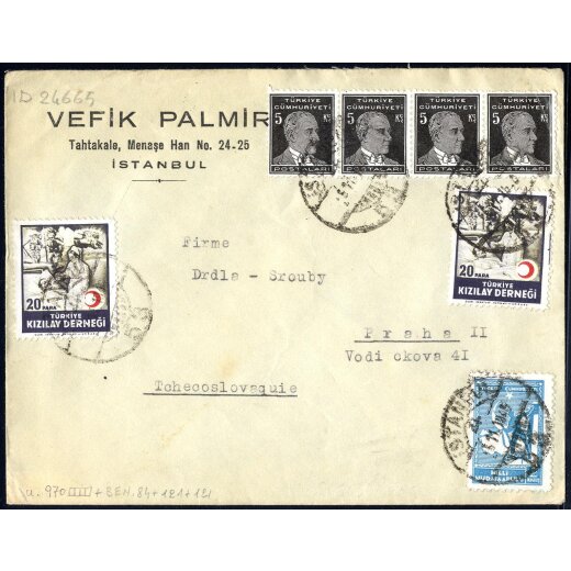 1945/47, 2 Briefe nach Prag, einer von Istambul am 15.11.45, der andere von Galata am 30.4.47 per Flugpost,