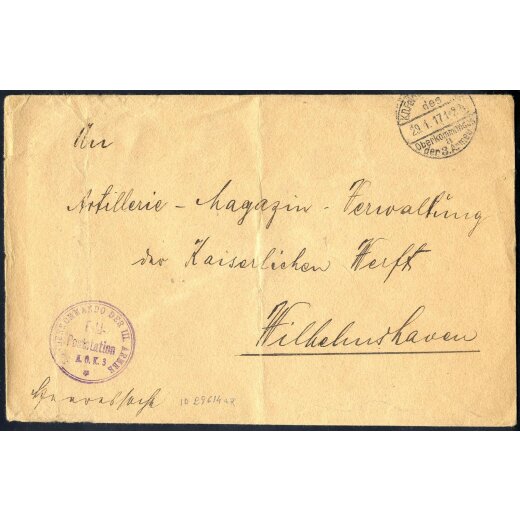 1917, großformatiger Brief nach Wilhelmshaven gestempelt "K.D. Feldpostexpedition des Oberkommandos der 3. Armee" am 29.1.