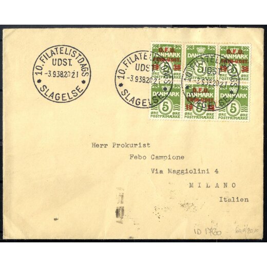 1938, Brief von Slagelse am 3.9. nach Mailand (Italien) frankiert mit Sechserblock Philatelistentag und Marke ohne Aufdruck, Mi. 243