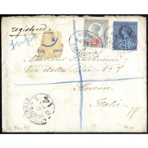 1899, eingeschriebener Brief von Windsor am 12.1. nach Florenz (Italien) frankiert über 4 1/2 P durch Mi. 88,89