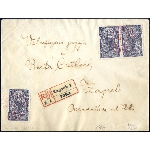 1919, eingeschriebener Brief innerhalb von Zagreb am 25.6. frankiert &uuml;ber 180 Vin durch Mi. 108 II A(3)