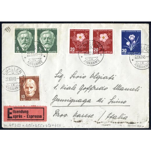1945, Eilpostbrief von St. Gallen am 22.12. nach Germignaga (Italien) frankiert &uuml;ber 90 C mit Mi. 465(2),466,467(2),468