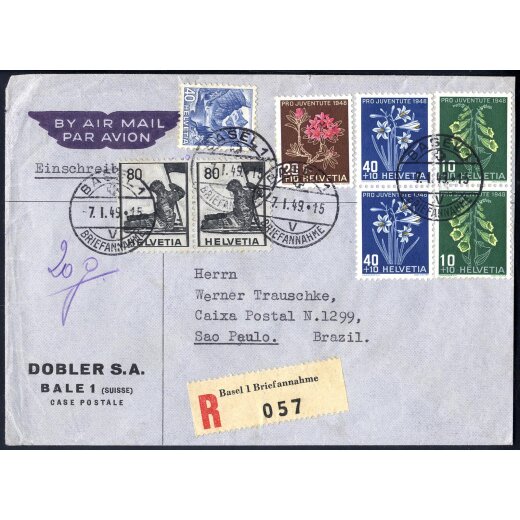 1949, eingeschriebener Luftpostbrief von Basel am 7.1. nach Sao Paulo (Brasilien) frankiert über 320 C mit Mi. 380(2),505,515(2),516,517(2)